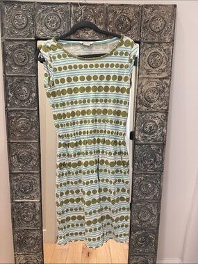 Boden Olive Dot & Light Blue Stripe Midi Dress